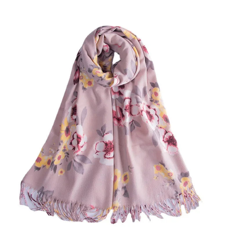 Women's Elegant Print Scarf Flower Cashmere Warm Shawl Autumn and Winter Shawl