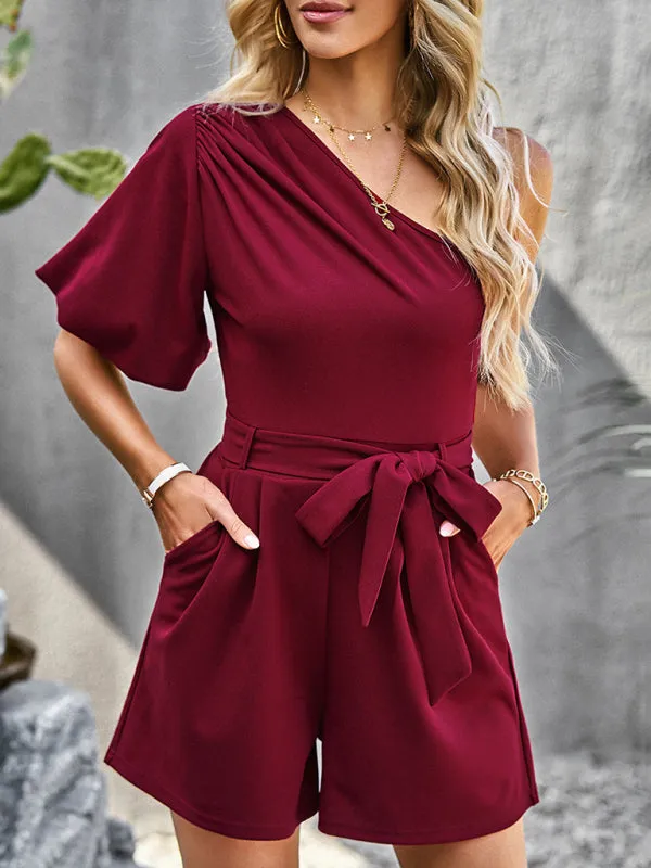 Women's Elegant Solid Color One Shoulder Rompers