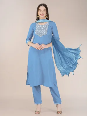 Womens Embroidered Sky Blue Cotton Blend Kurta Pant Set