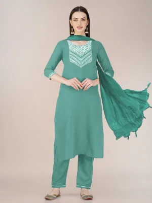 Womens Embroidered Teal Cotton Blend Kurta Pant Set