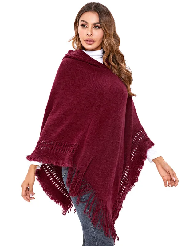 Women's Ethnic Fringe Hooded Knit Cape Shawl