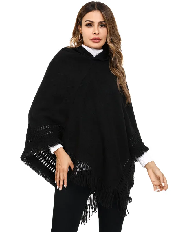 Women's Ethnic Fringe Hooded Knit Cape Shawl