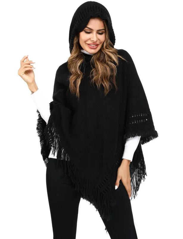 Women's Ethnic Fringe Hooded Knit Cape Shawl