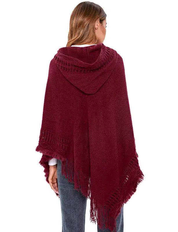 Women's Ethnic Fringe Hooded Knit Cape Shawl