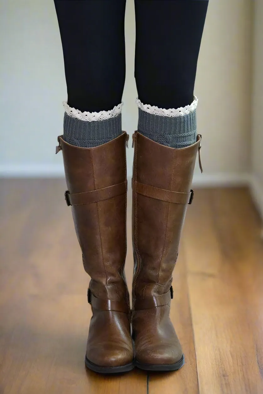 Womens Fall Lace Trim Short Leg Warmers, Boot Socks, Sweater Boot Cuffs, One Size, Black/Khaki/Brown/Gray/Maroon