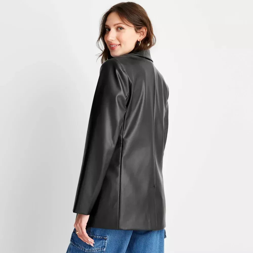 Womens Faux Leather Black Blazer Jacket