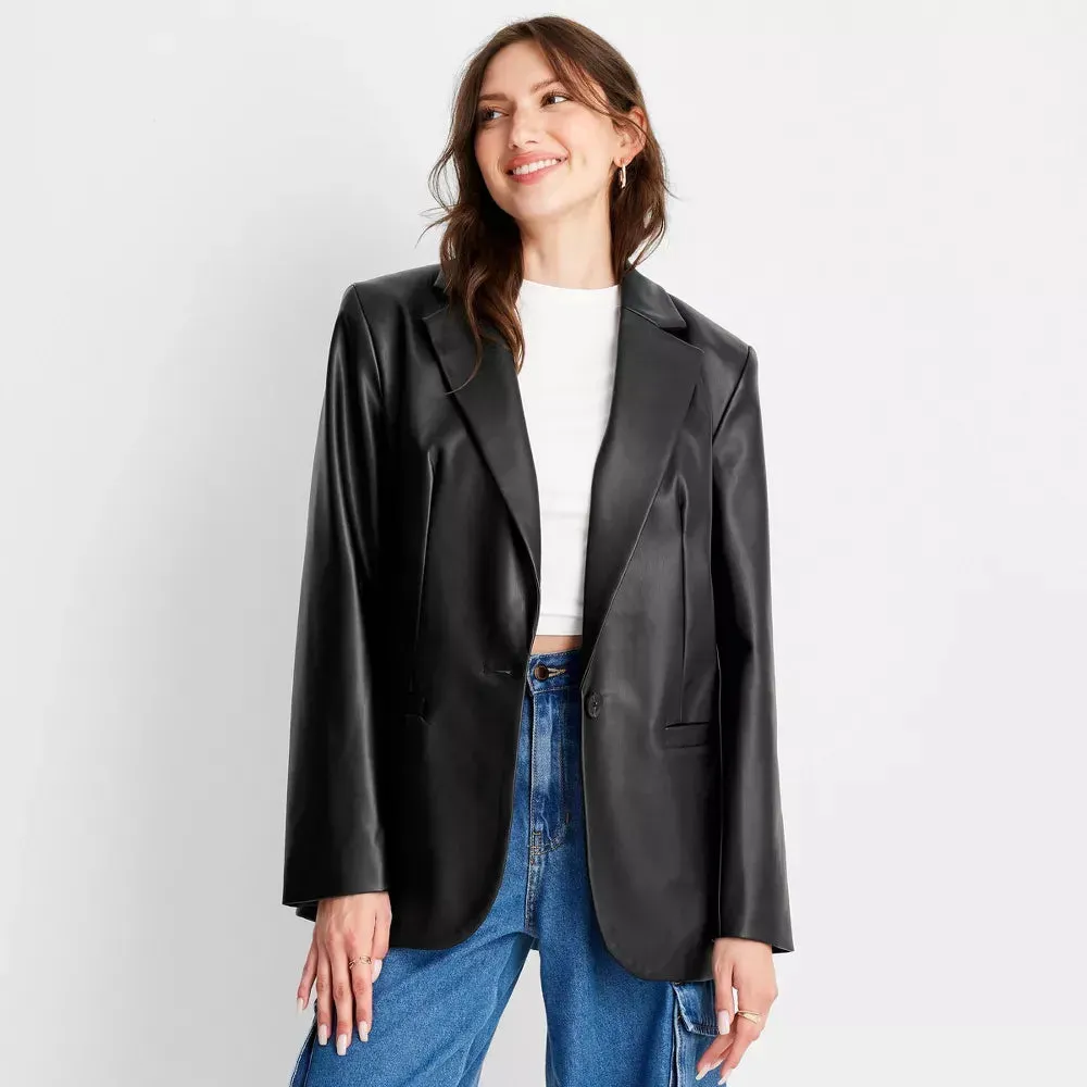 Womens Faux Leather Black Blazer Jacket