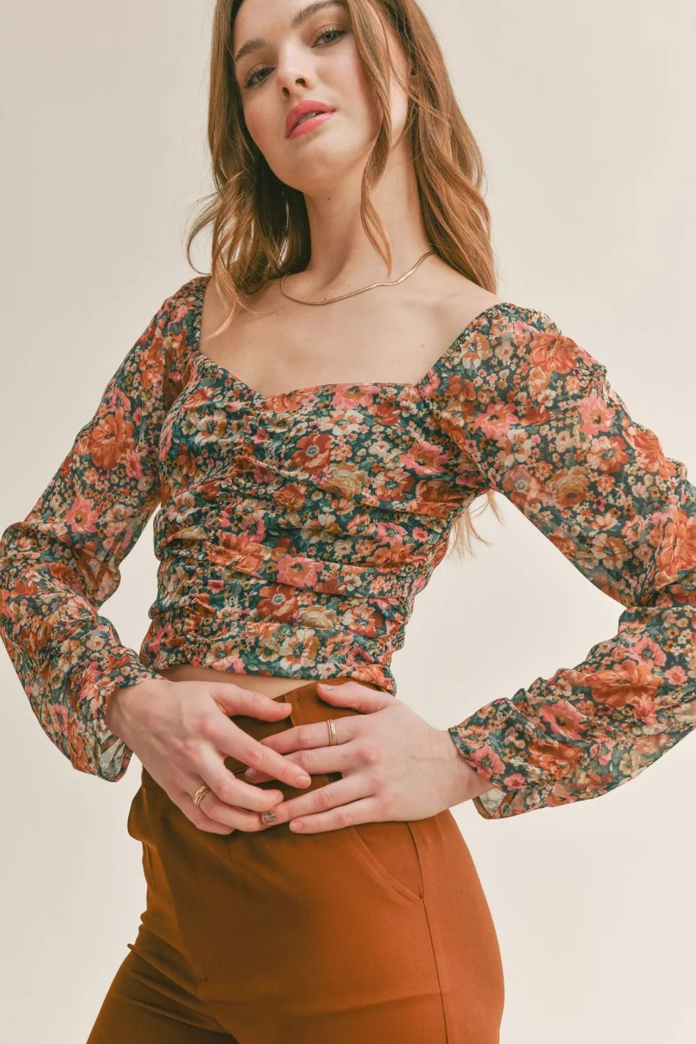 Women's Feminine Floral Top | Sheer Sleeves | Green Multi