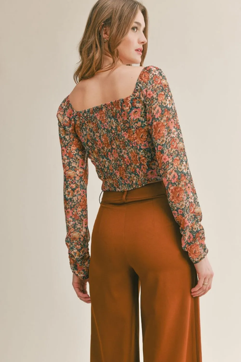 Women's Feminine Floral Top | Sheer Sleeves | Green Multi