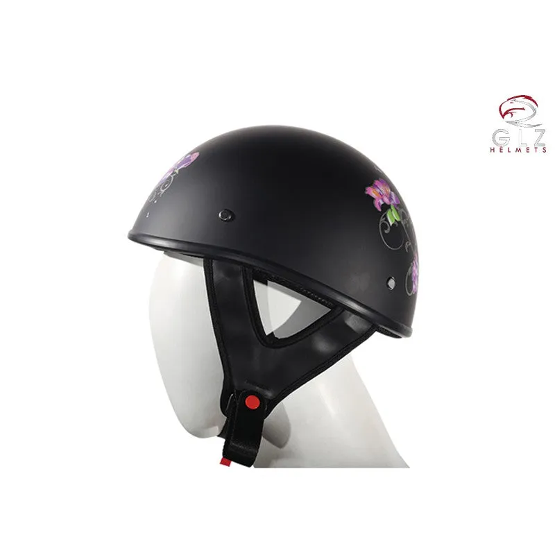 Womens Flat Black DOT Approved Helmet With Purple Rose Tribal Design