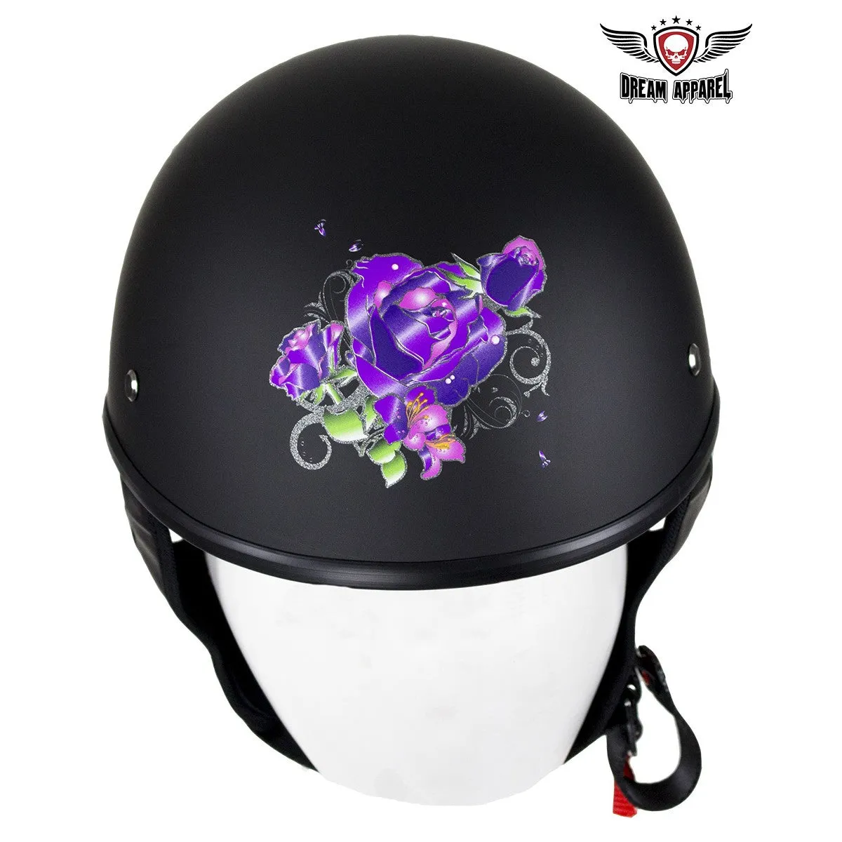 Womens Flat Black DOT Approved Helmet With Purple Rose Tribal Design