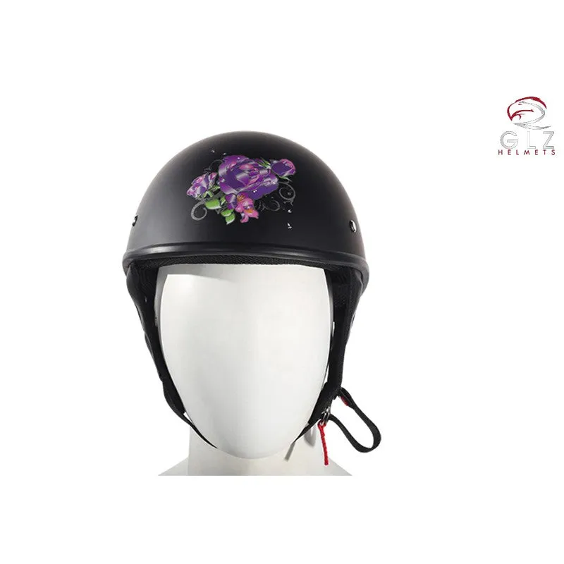 Womens Flat Black DOT Approved Helmet With Purple Rose Tribal Design