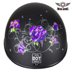 Womens Flat Black DOT Approved Helmet With Purple Rose Tribal Design