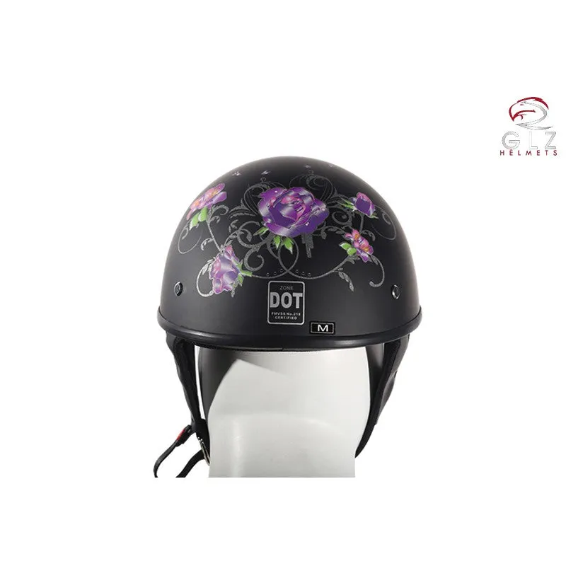 Womens Flat Black DOT Approved Helmet With Purple Rose Tribal Design