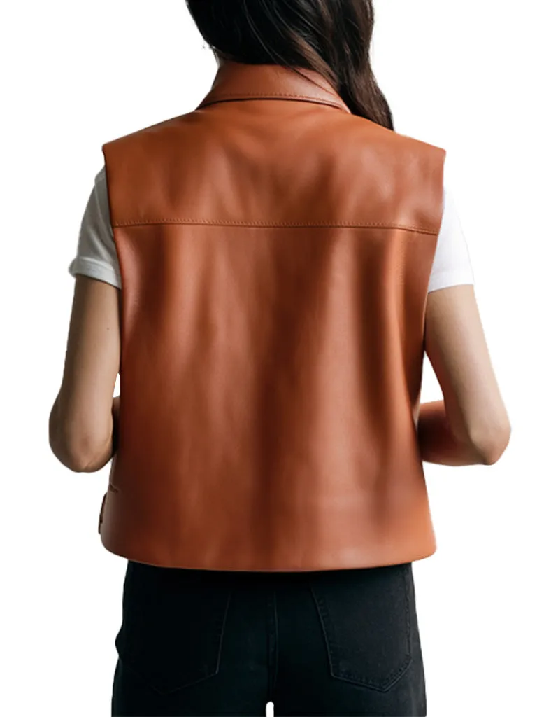 Women's Floral Embossed Stylish Design Orange Leather Vest