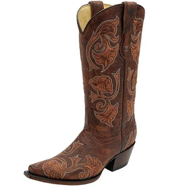 Women's Floral Full Stitch Snip Toe Cowgirl Boots - G1122