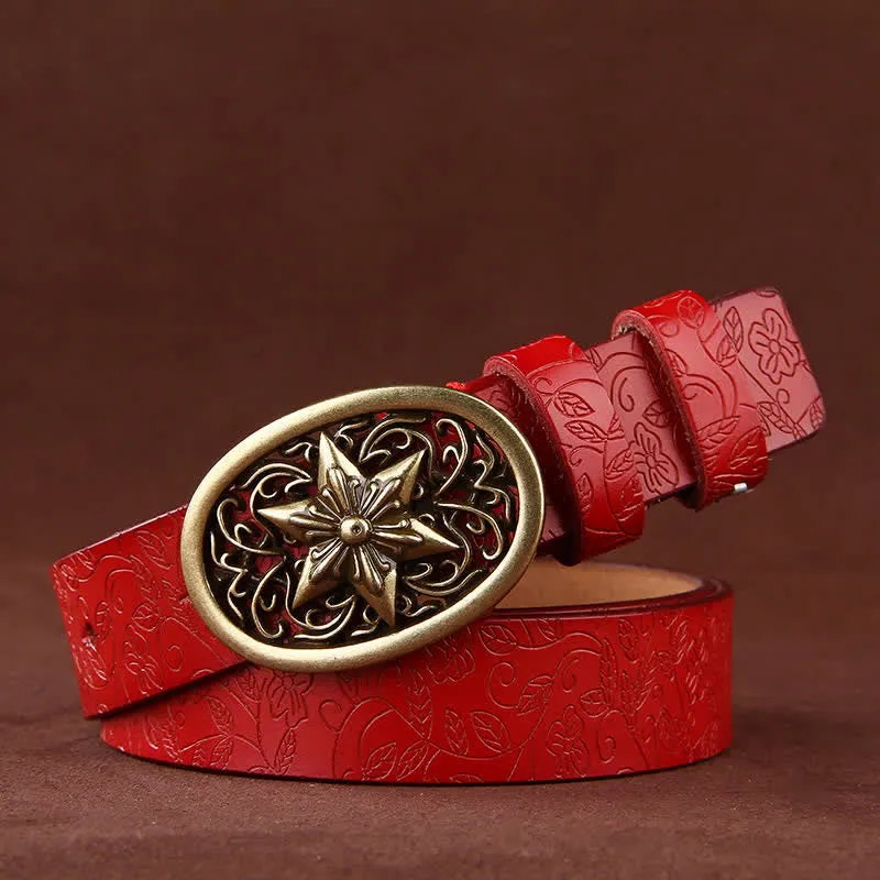 Women's Flower Embossing Five-Pointed Star Buckle Leather Belt