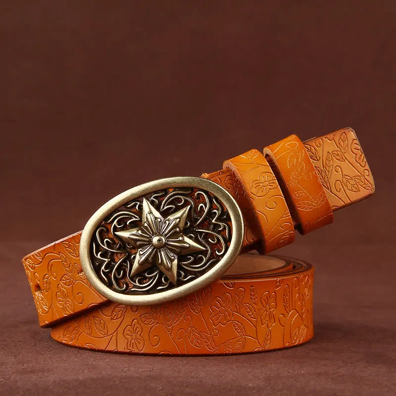 Women's Flower Embossing Five-Pointed Star Buckle Leather Belt