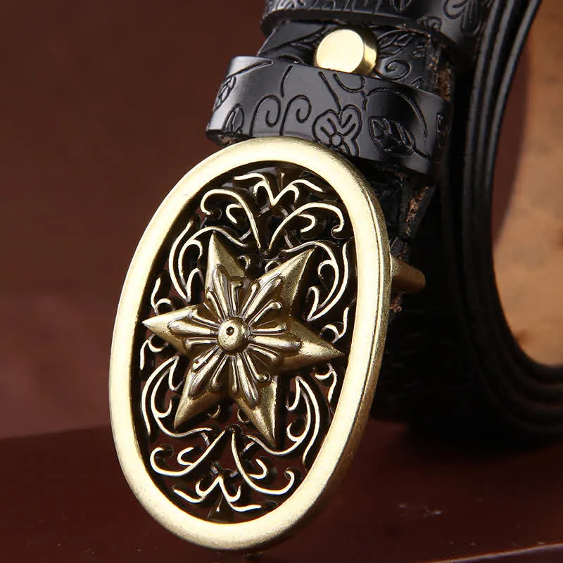 Women's Flower Embossing Five-Pointed Star Buckle Leather Belt