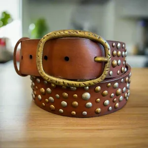 Women's Full Grain Leather Belt with Oval Buckle and Studs