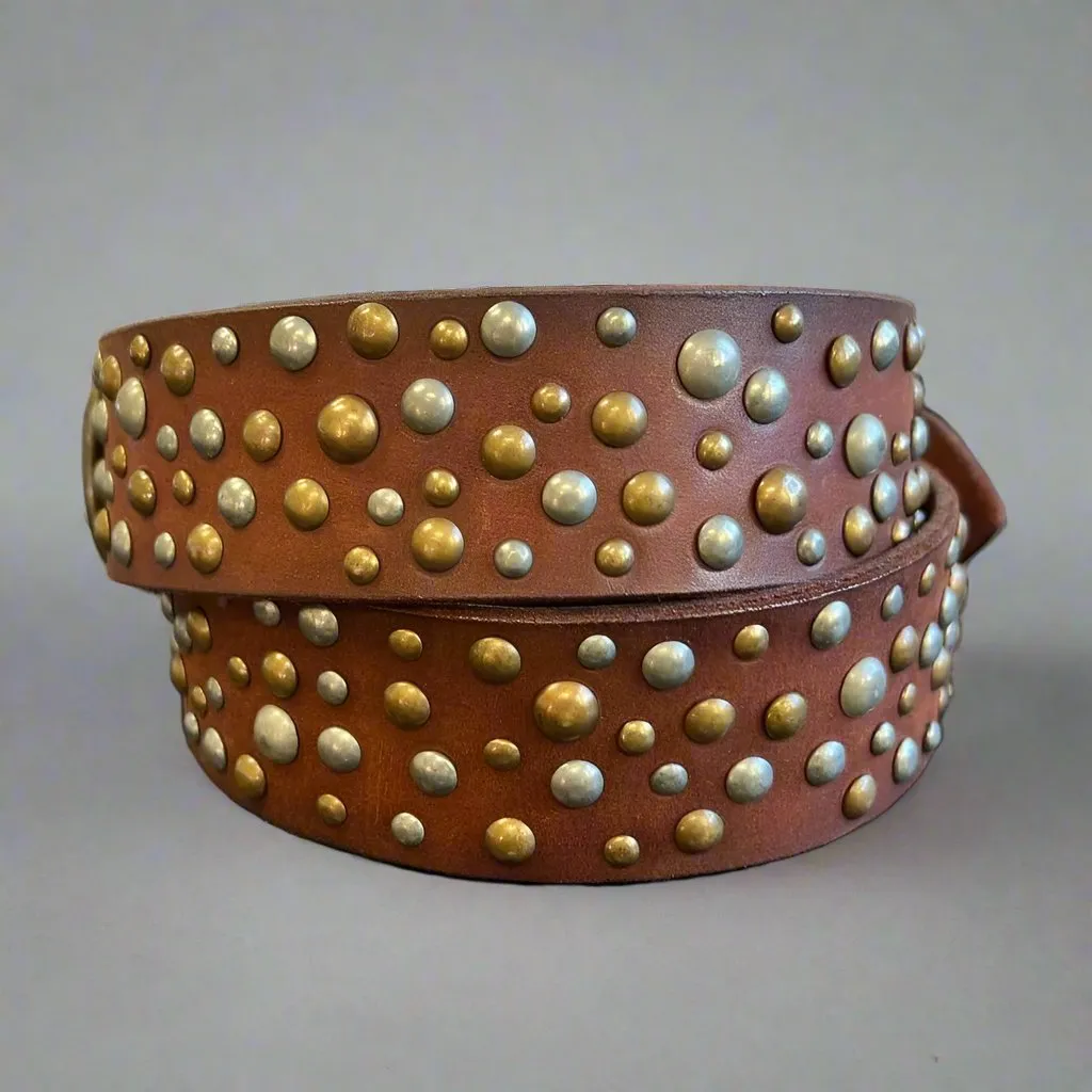 Women's Full Grain Leather Belt with Oval Buckle and Studs