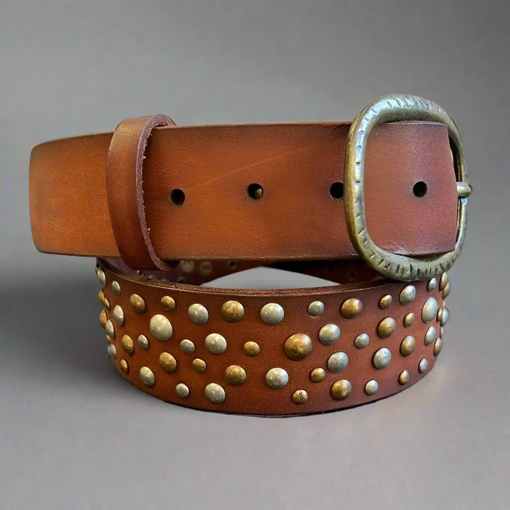 Women's Full Grain Leather Belt with Oval Buckle and Studs