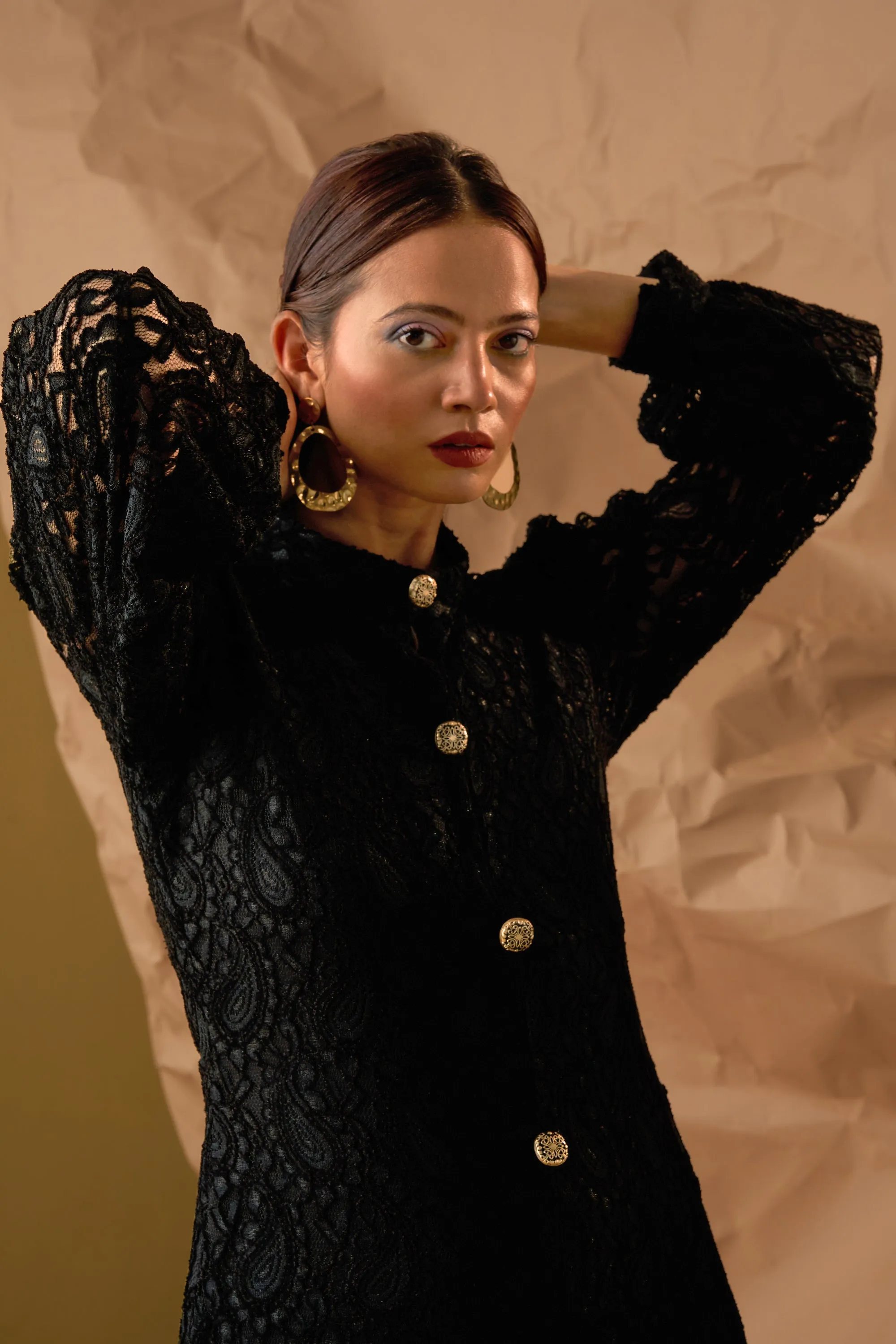 Women's Full sleeves Black Lace Work Dress