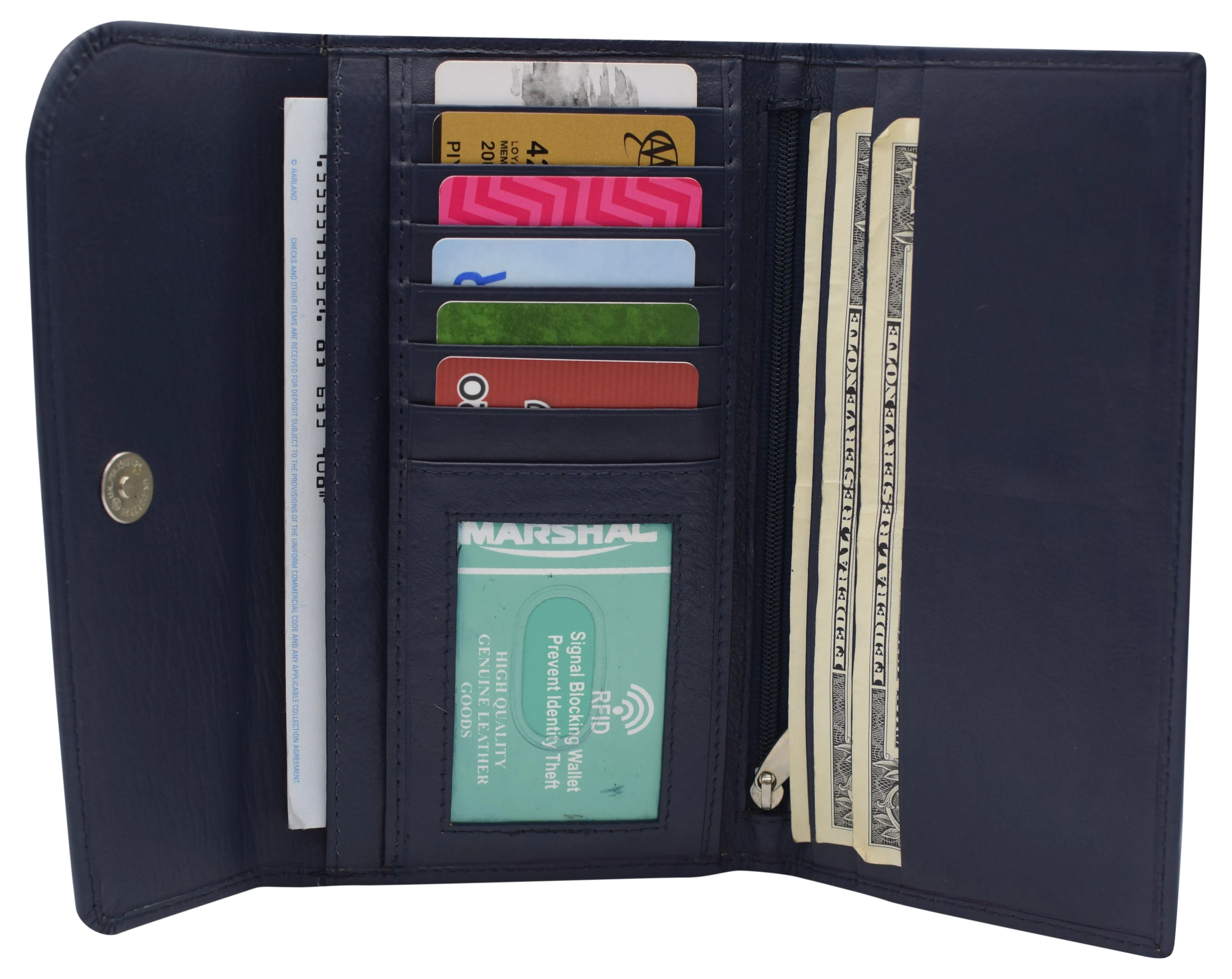 Women's Genuine Leather RFID Trifold Checkbook Slim Wallet for Ladies