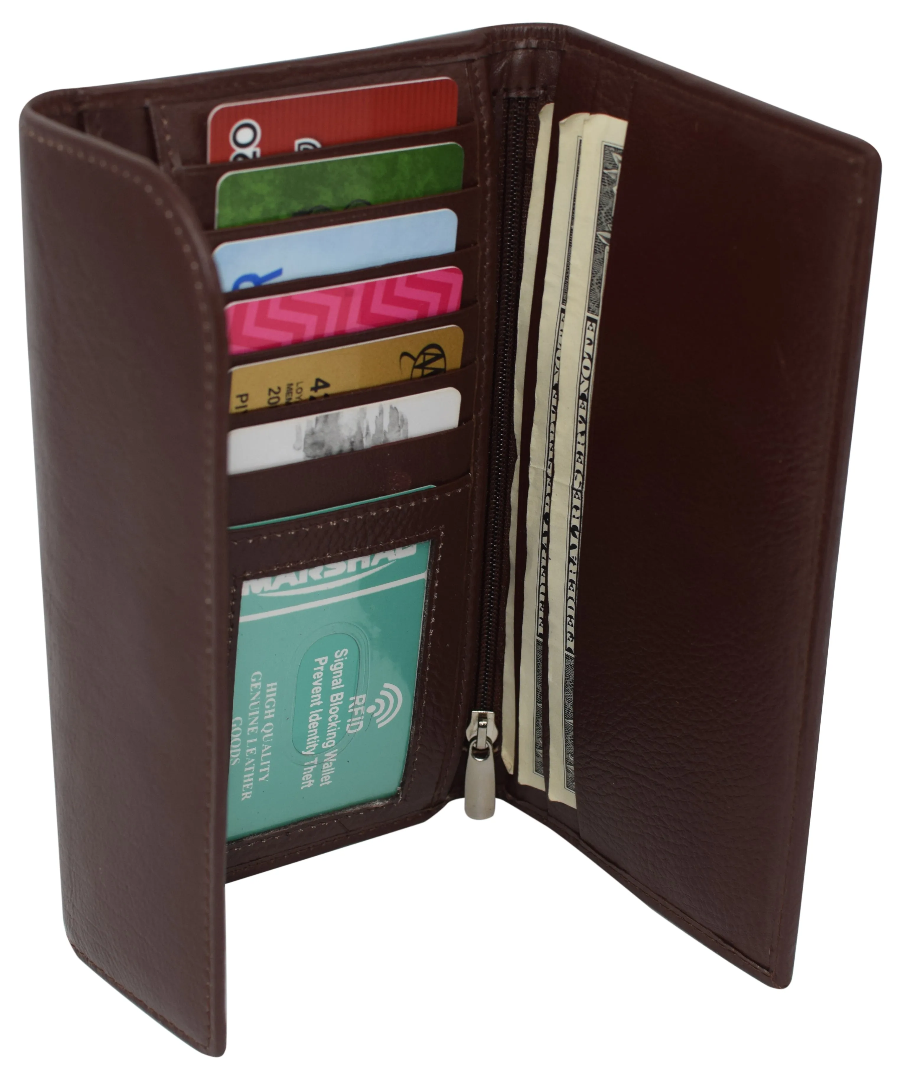 Women's Genuine Leather RFID Trifold Checkbook Slim Wallet for Ladies