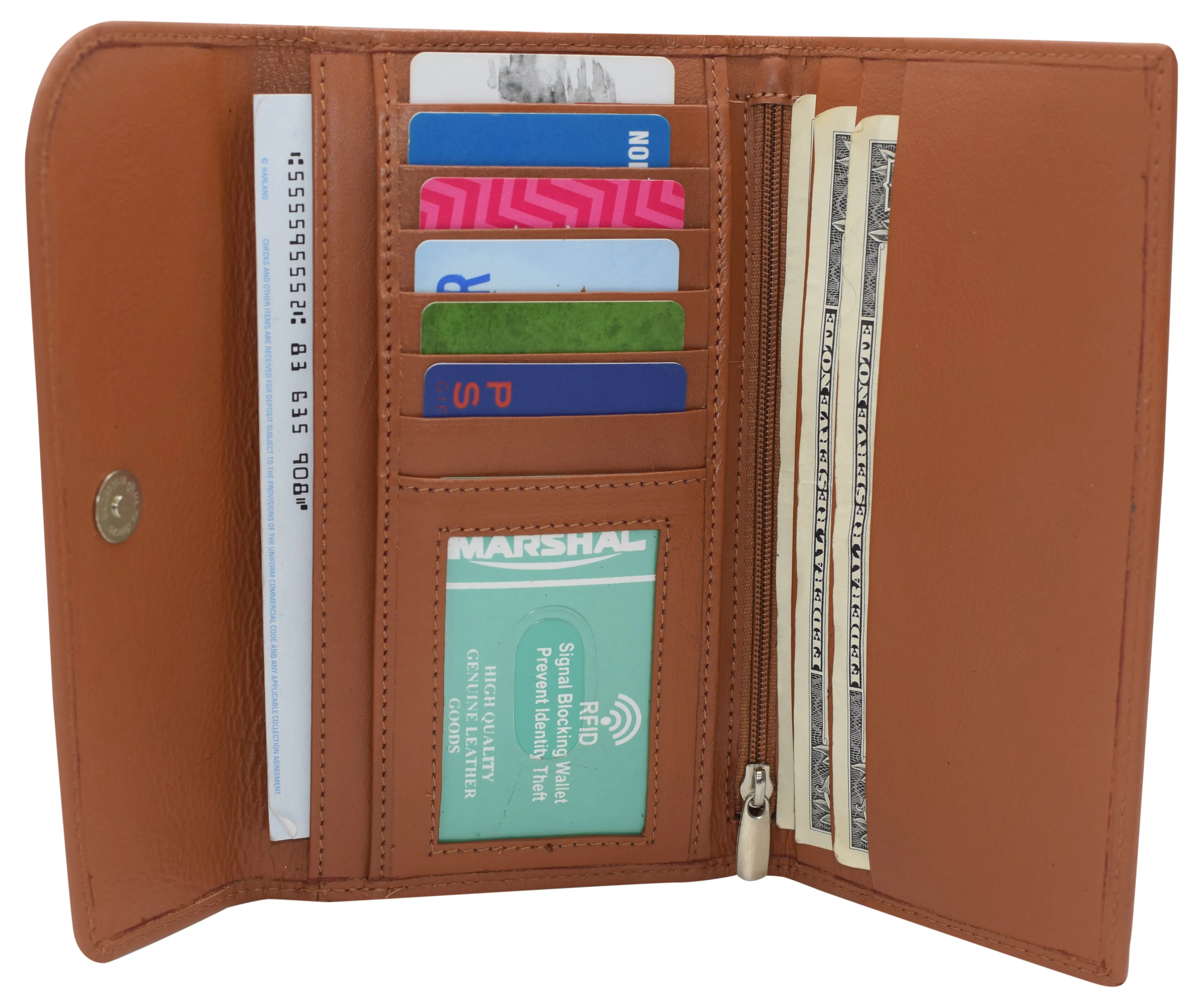 Women's Genuine Leather RFID Trifold Checkbook Slim Wallet for Ladies