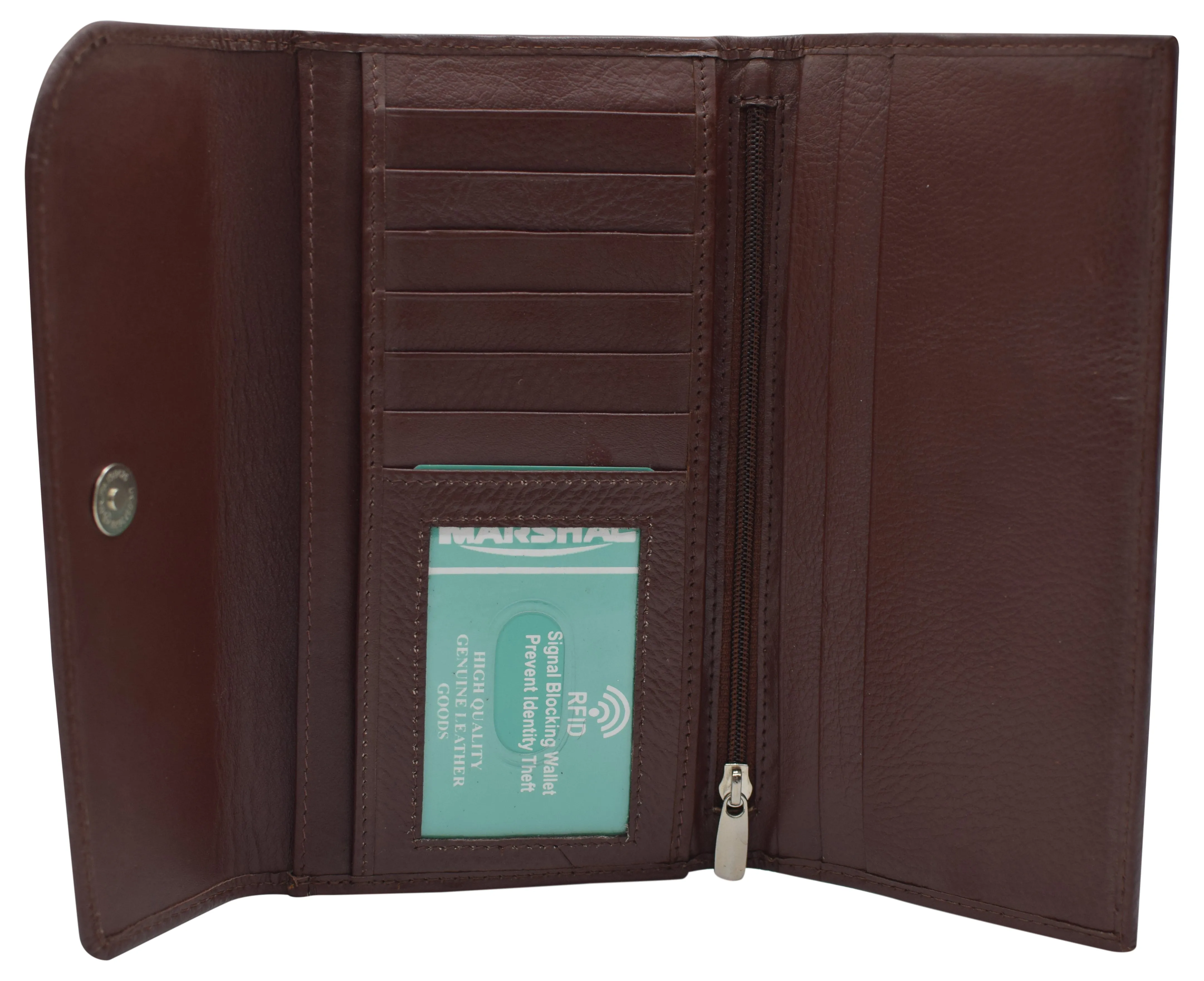 Women's Genuine Leather RFID Trifold Checkbook Slim Wallet for Ladies