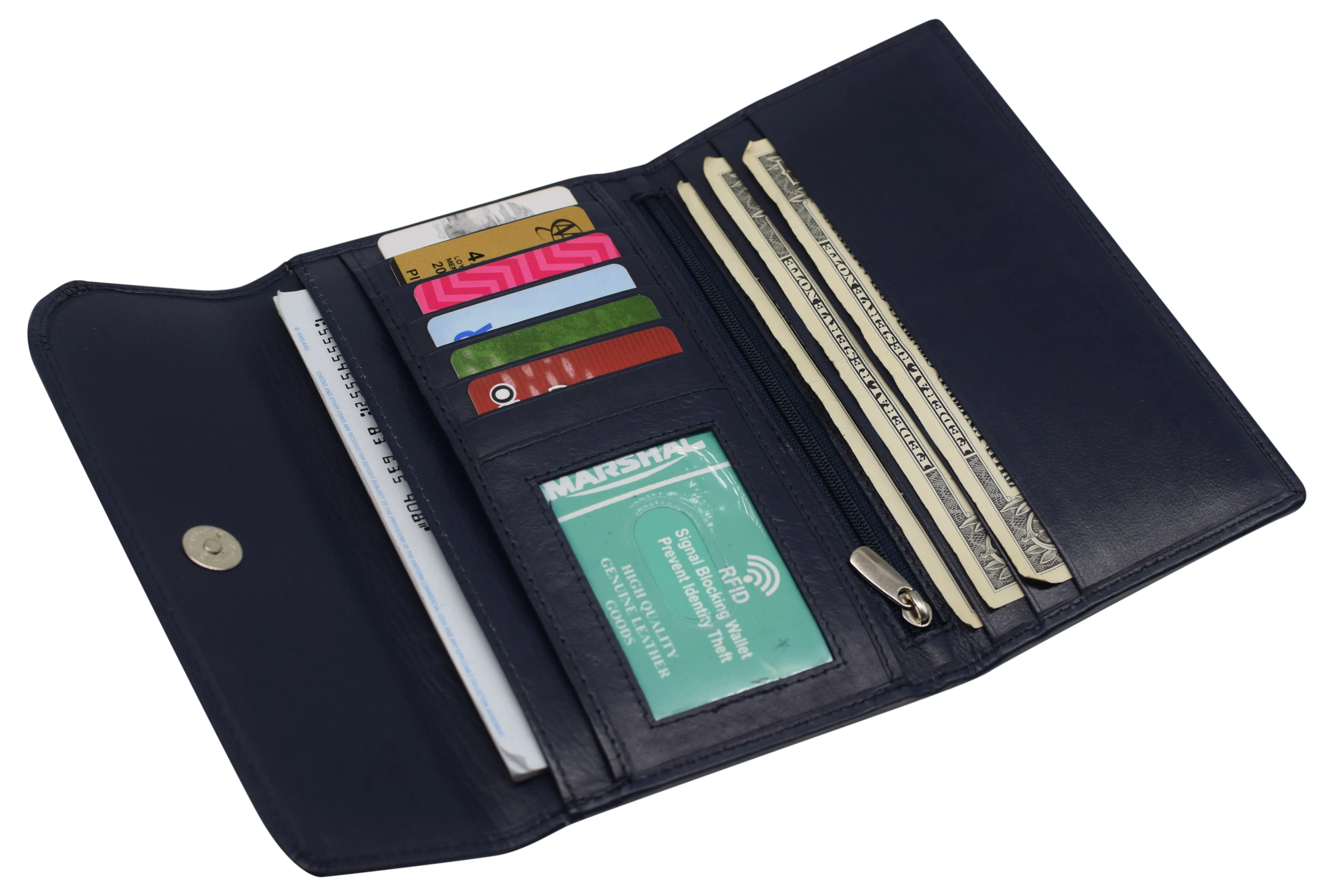 Women's Genuine Leather RFID Trifold Checkbook Slim Wallet for Ladies