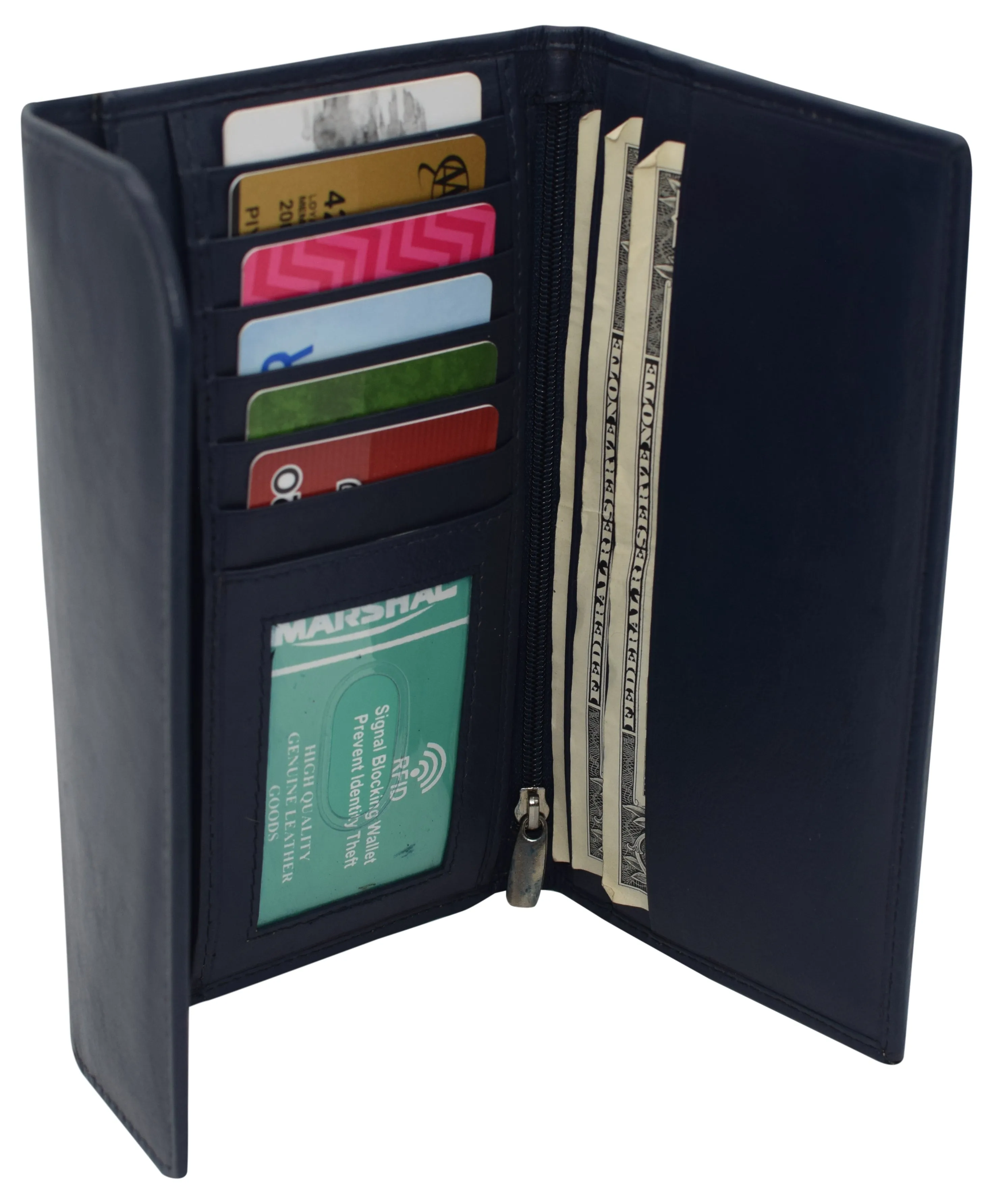 Women's Genuine Leather RFID Trifold Checkbook Slim Wallet for Ladies