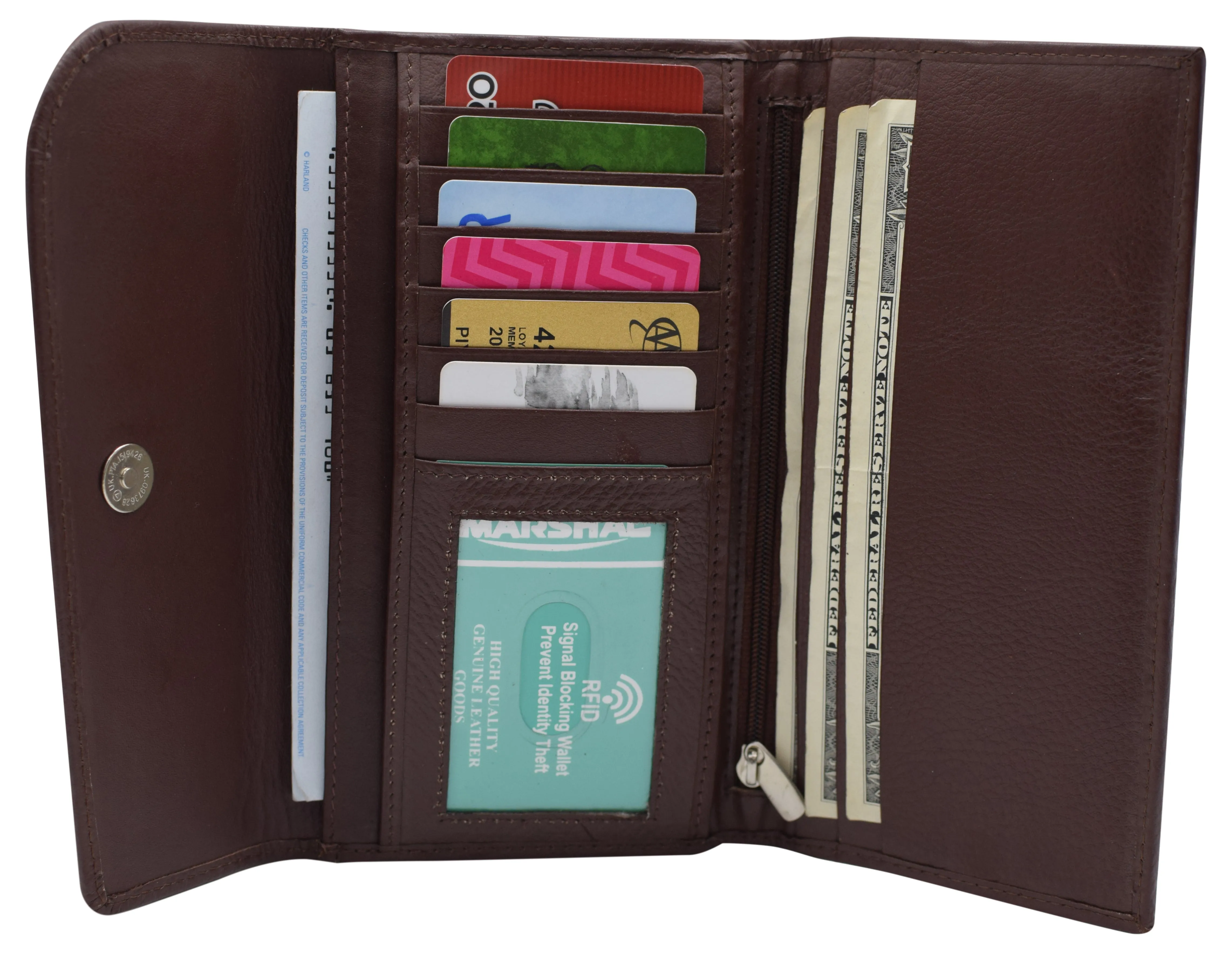 Women's Genuine Leather RFID Trifold Checkbook Slim Wallet for Ladies