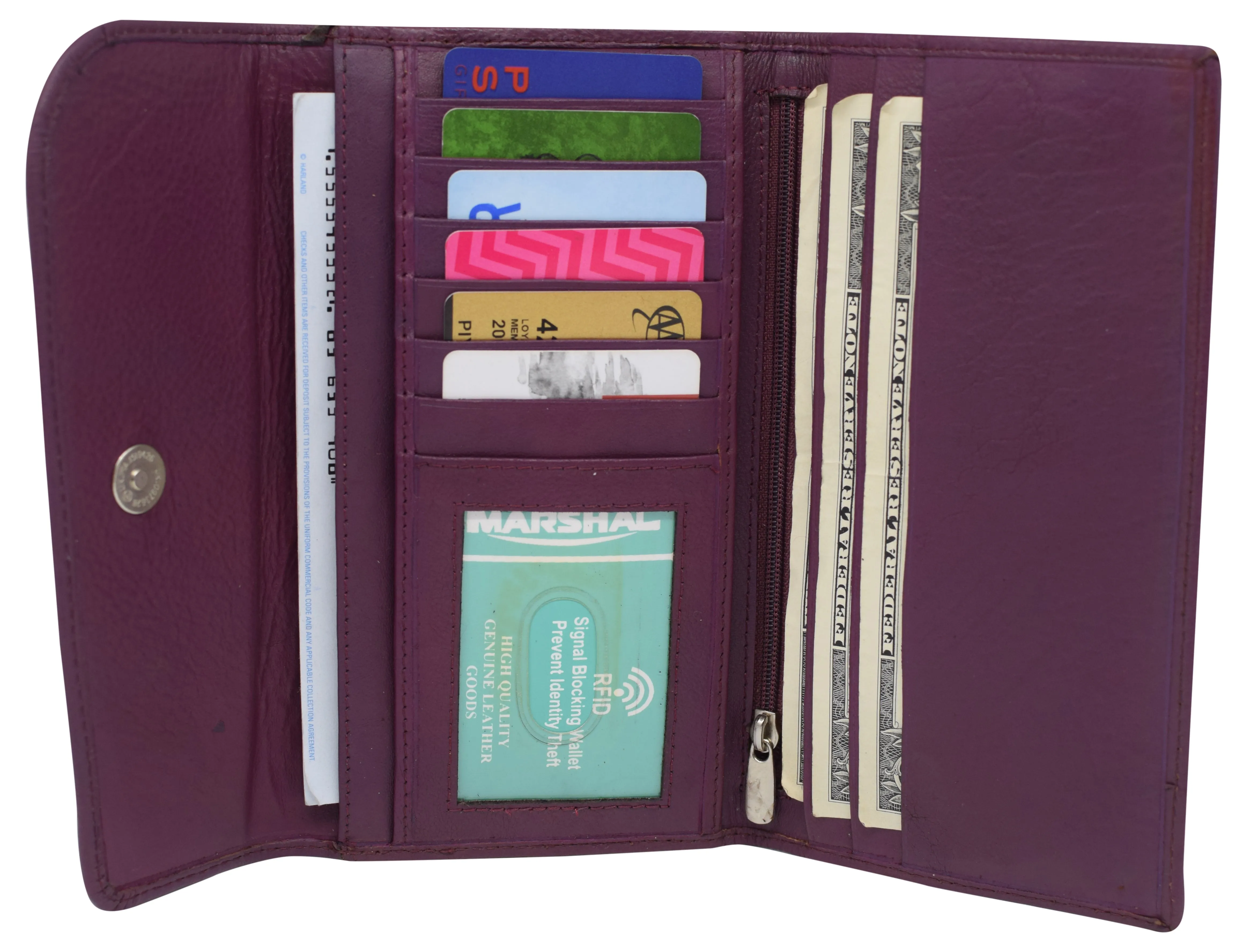 Women's Genuine Leather RFID Trifold Checkbook Slim Wallet for Ladies