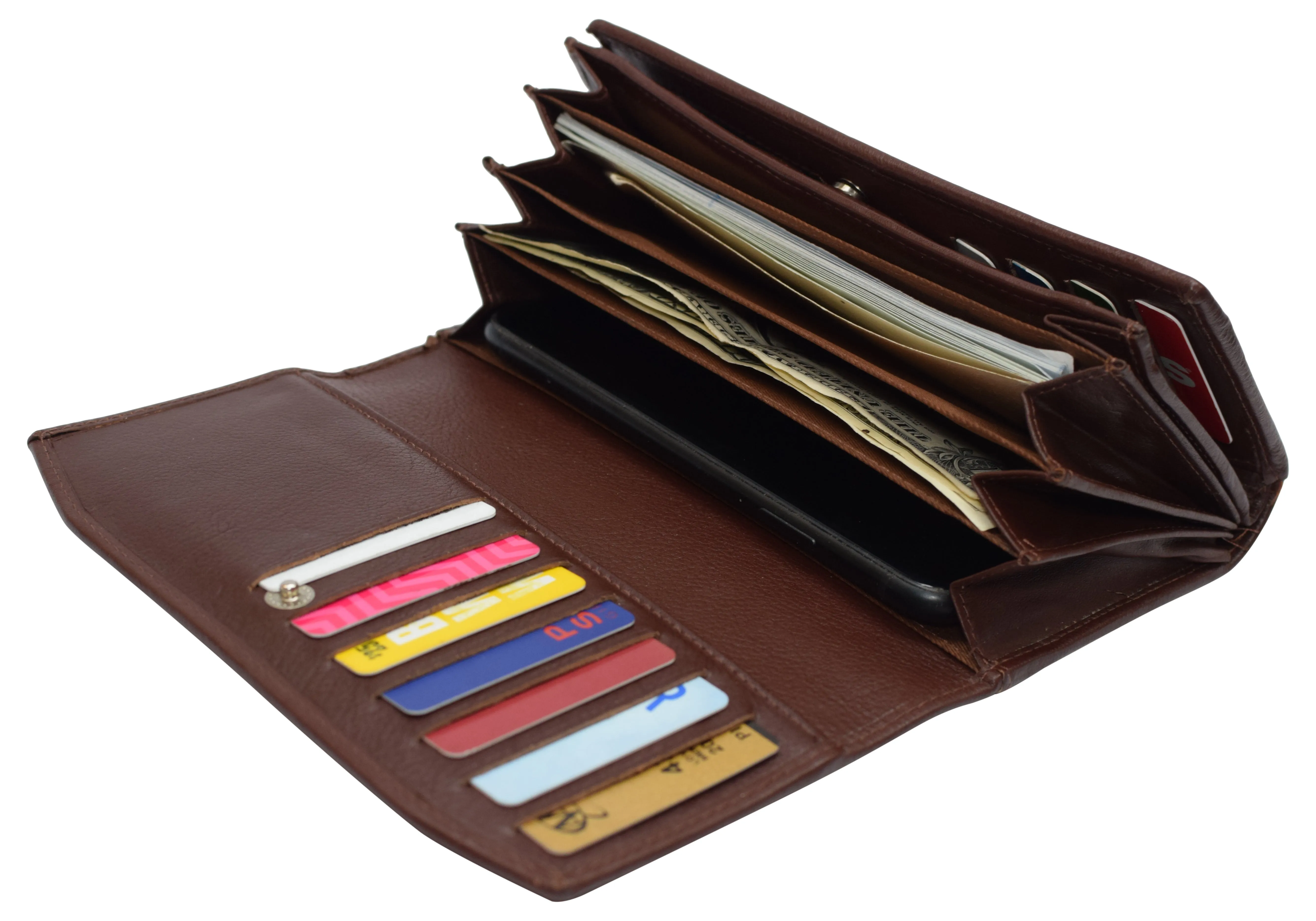 Womens Genuine Leather Wallets RFID Blocking Accordion Trifold Card Holder Ladies Phone Clutch