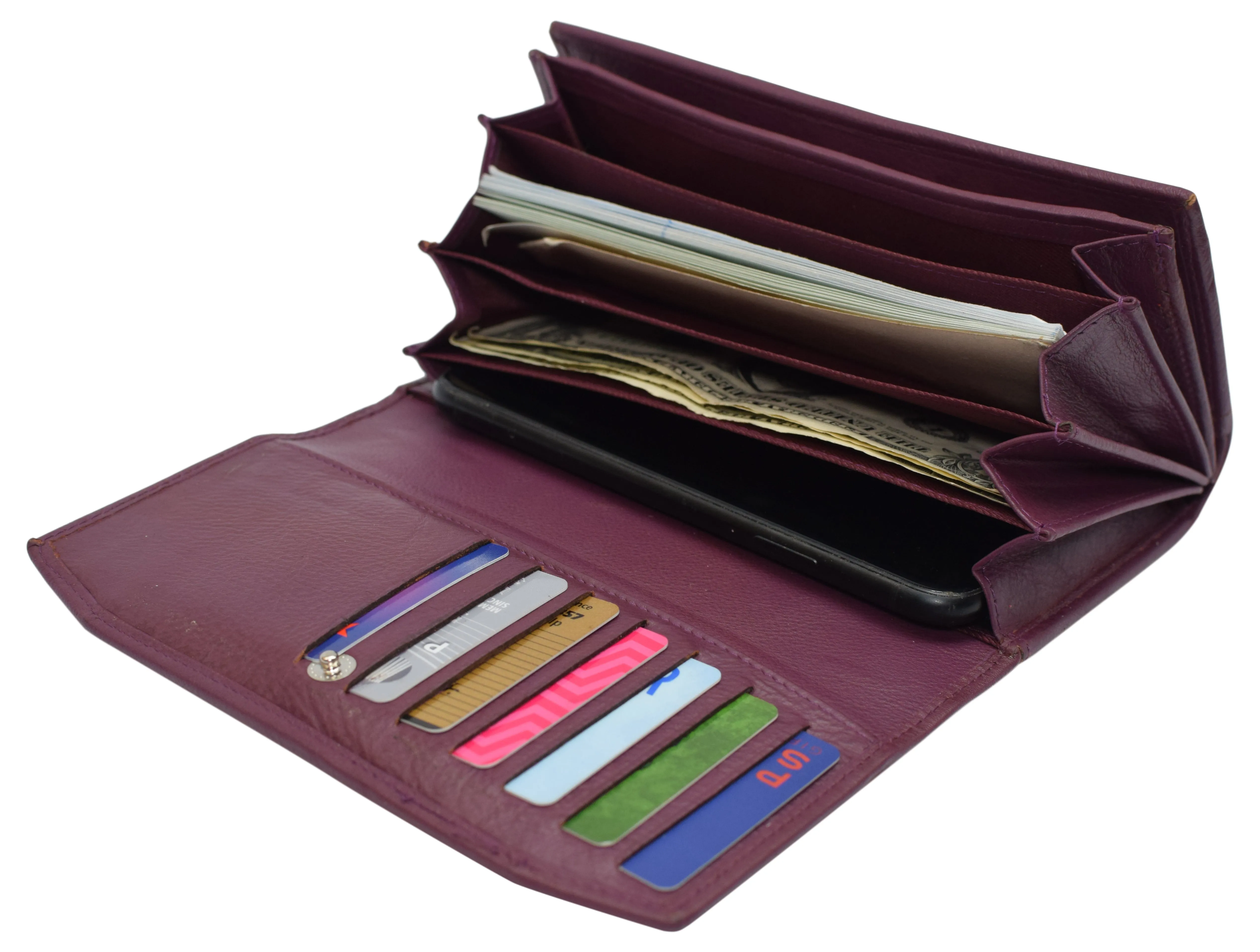 Womens Genuine Leather Wallets RFID Blocking Accordion Trifold Card Holder Ladies Phone Clutch