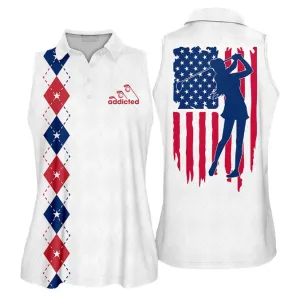 Womens Golf Polo Shirt Addicted American Flag Sleeveless Polo Shirt, Short Sleeve Polo Shirt For Women