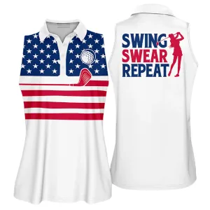 Womens Golf Polo Shirt American Flag Swing Swear Repeat Sleeveless Polo Shirt, Sleeve Polo Shirt Women Golf