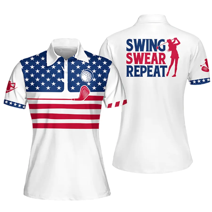 Womens Golf Polo Shirt American Flag Swing Swear Repeat Sleeveless Polo Shirt, Sleeve Polo Shirt Women Golf