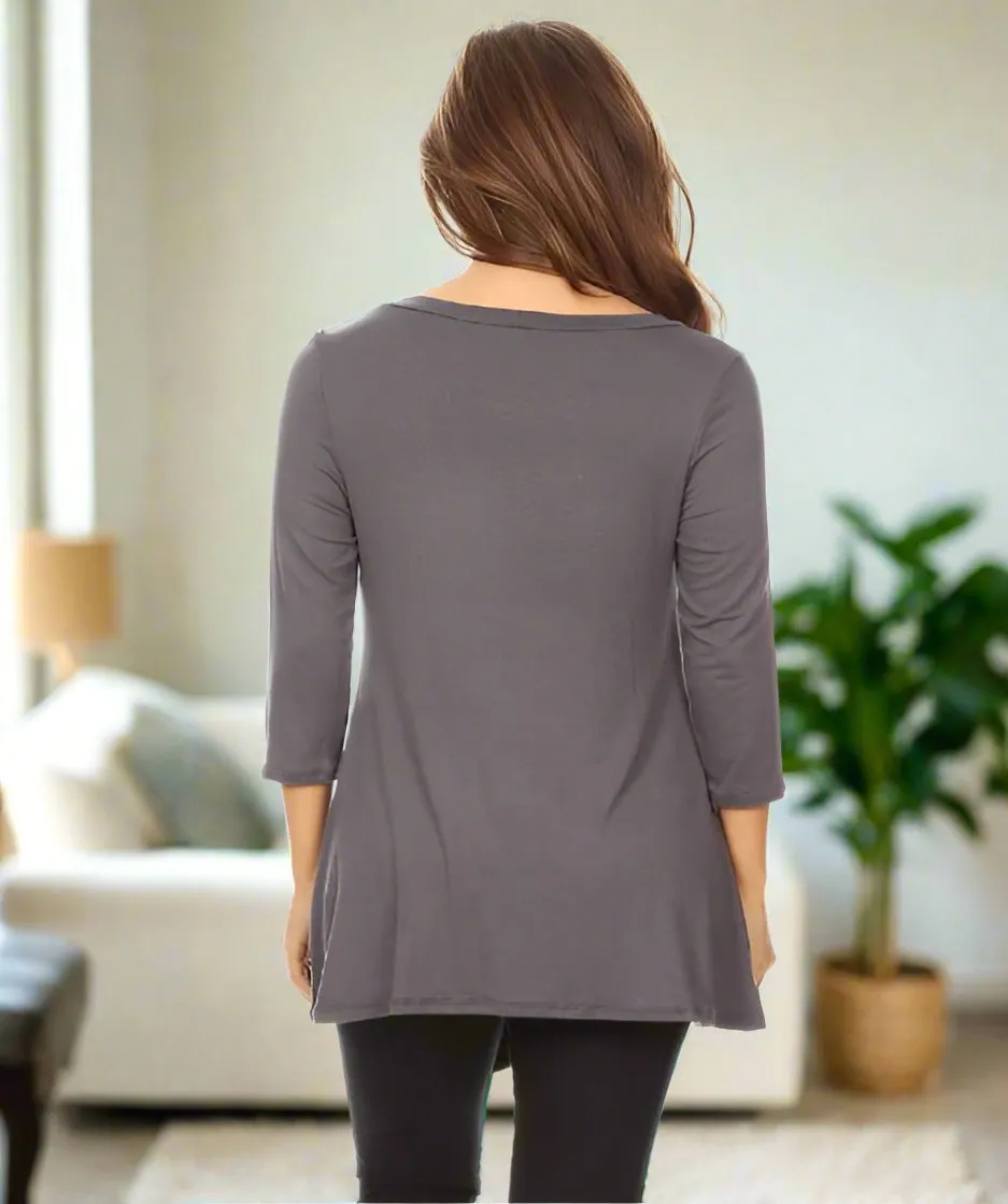 Womens Gray Asymmetric Top, High-low Hem Side Button Shirt, 3/4 Sleeve Top, Sizes 1xl/2xl/3xl, Solid Gray