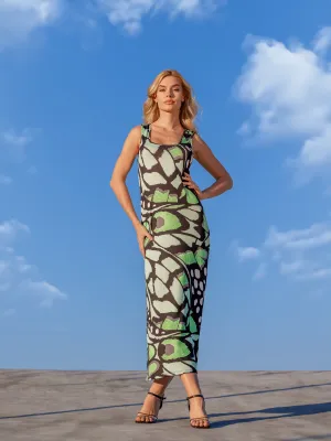 Womens Green Butterfly Print Casual Razorback Tank Maxi Dress