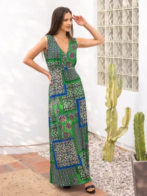 Womens Green Scarf Print V Neck Empire Waist Sleeveless Maxi Dress