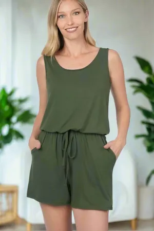 Womens Green Shorts Romper, Summer Tank Top Jumpsuit, Sizes 1xl/2xl/3xl, Olive Green