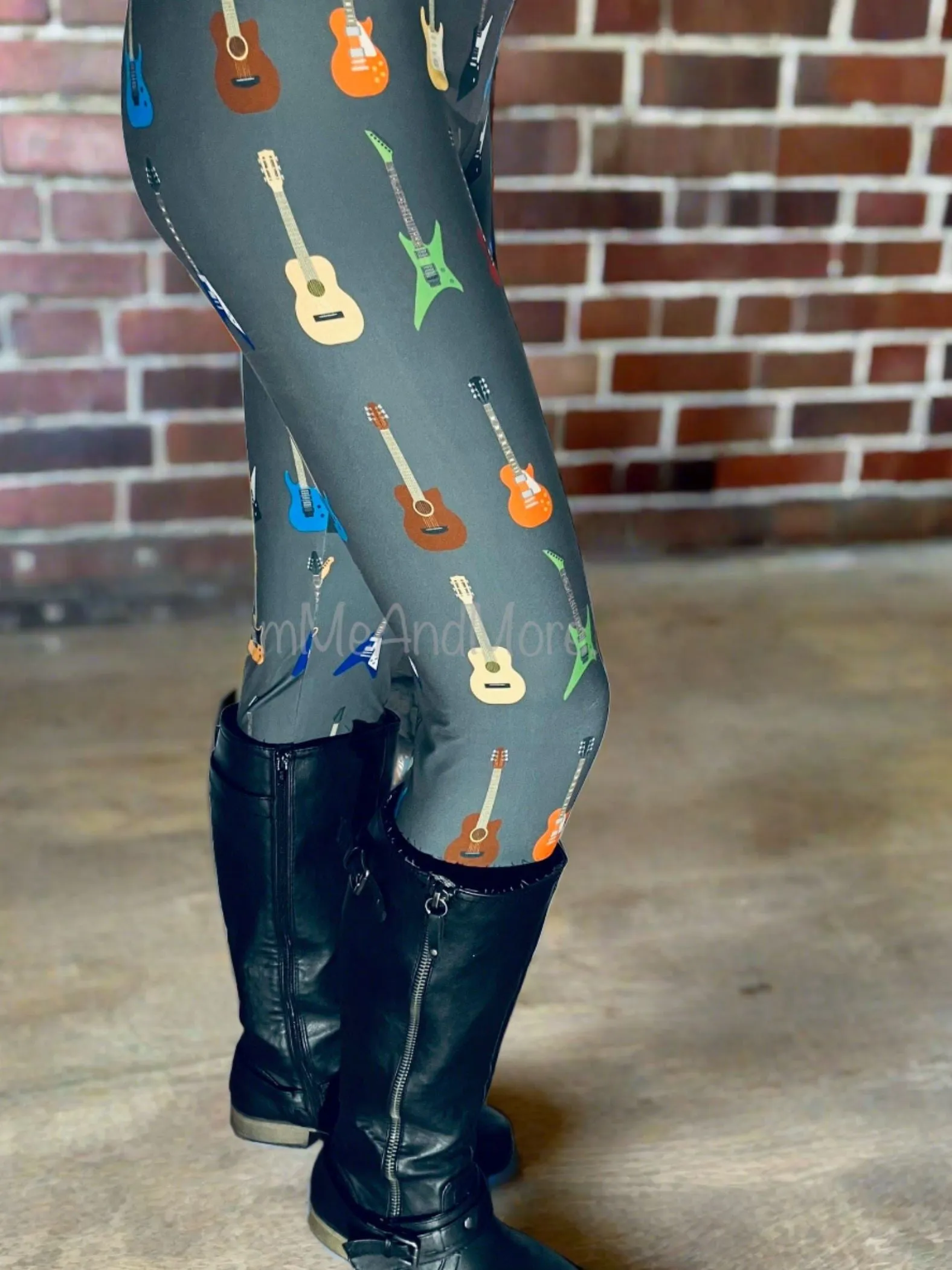 Womens Guitar Leggings, Acoustic Electric Guitar Leggings, Soft Yoga Pants, Sizes OS/TC/TC2, Yoga Waist, Gray/Multi, Exclusive Leggings