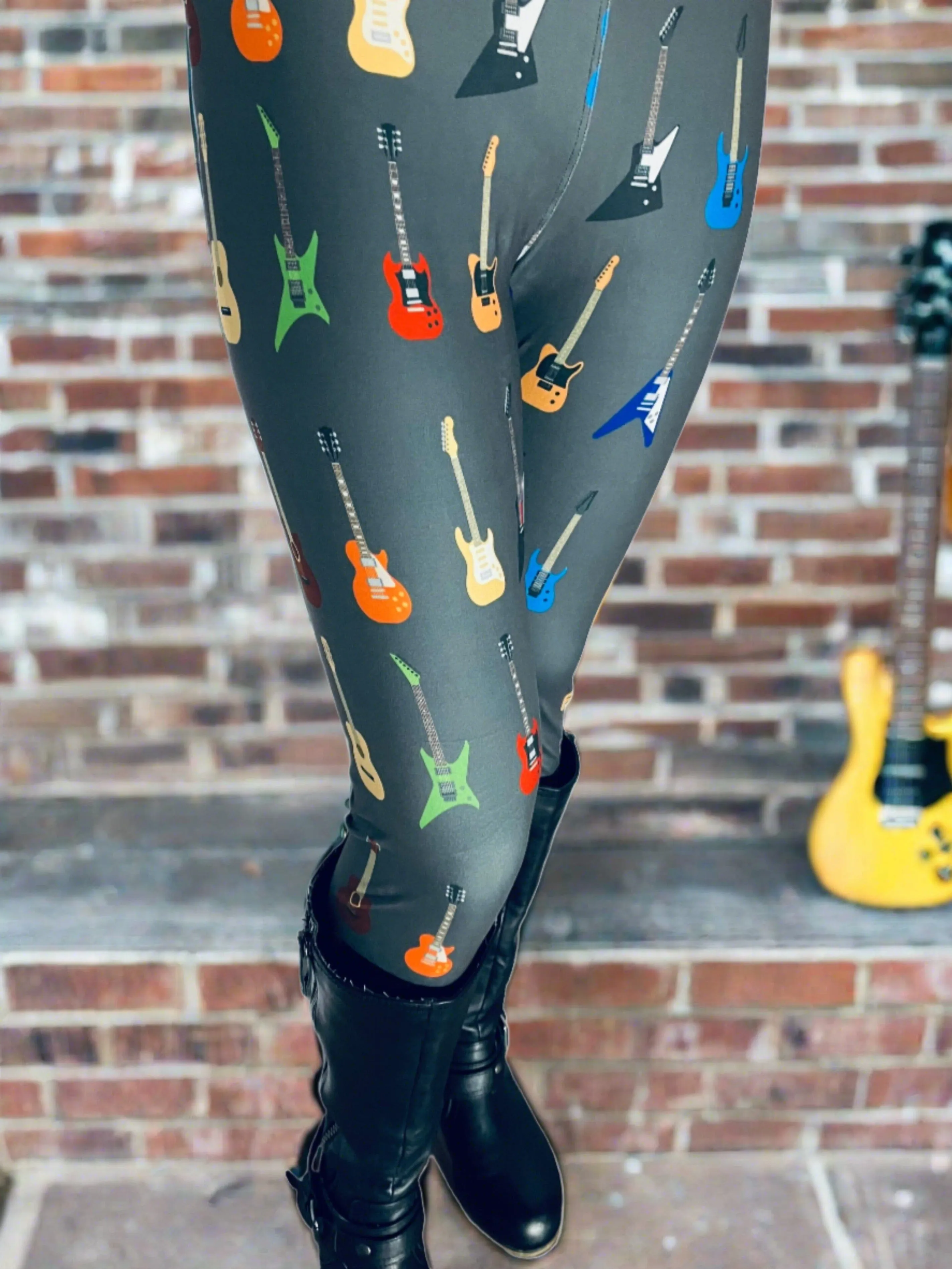 Womens Guitar Leggings, Acoustic Electric Guitar Leggings, Soft Yoga Pants, Sizes OS/TC/TC2, Yoga Waist, Gray/Multi, Exclusive Leggings