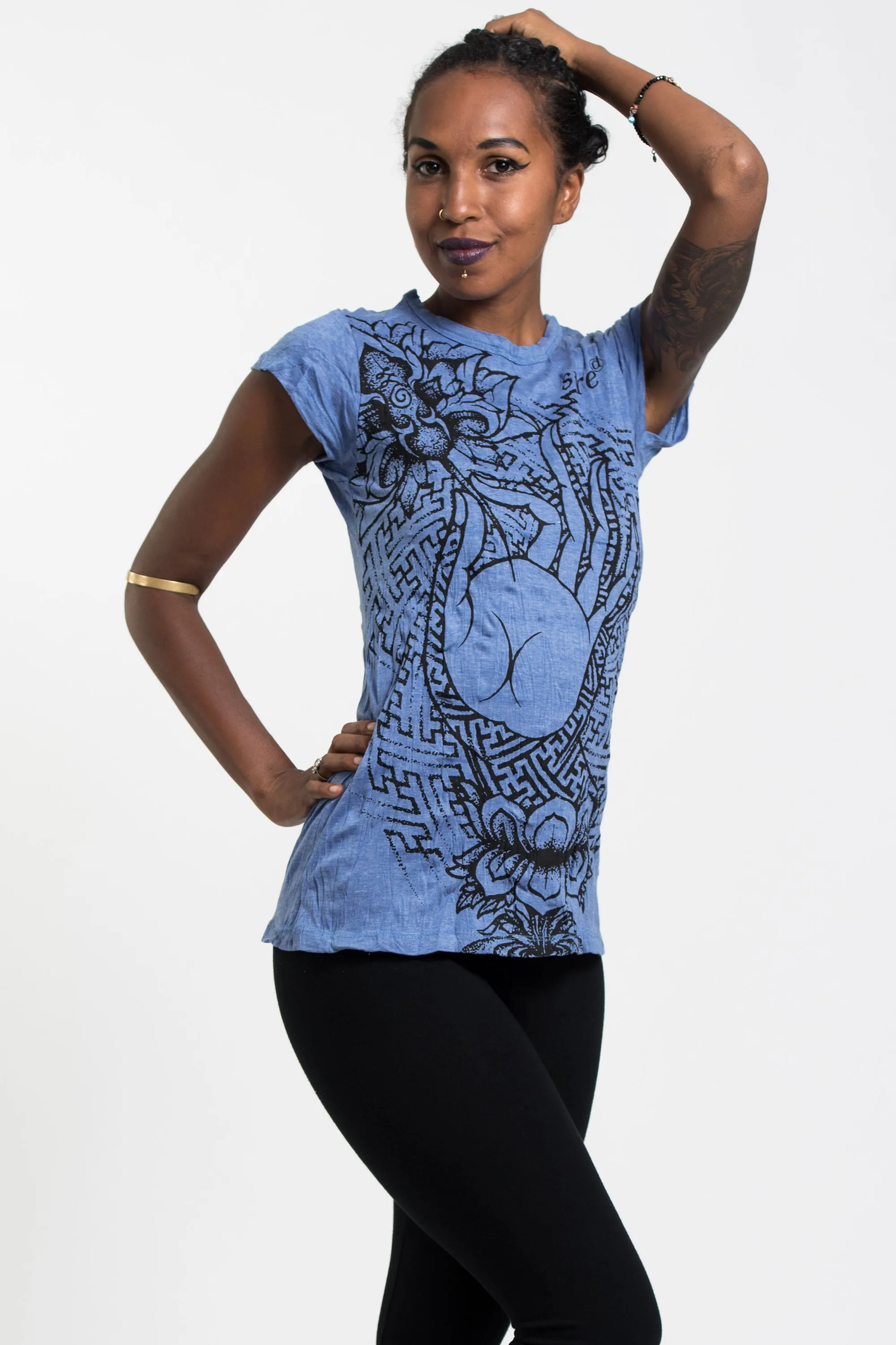 Womens Gyan Mudra Hand T-Shirt in Blue