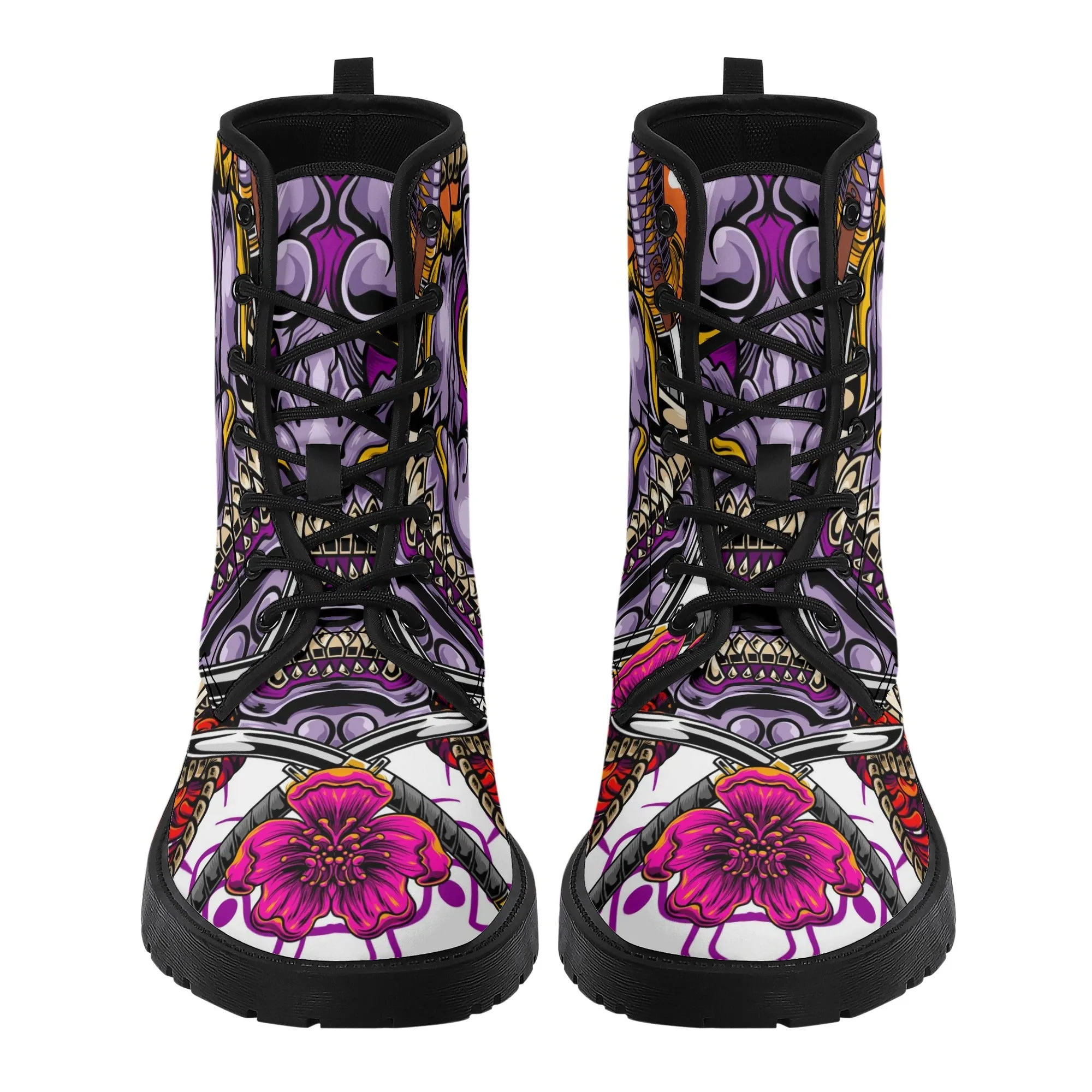 Women's Hannya Mask Graphic Leather Combat Boots