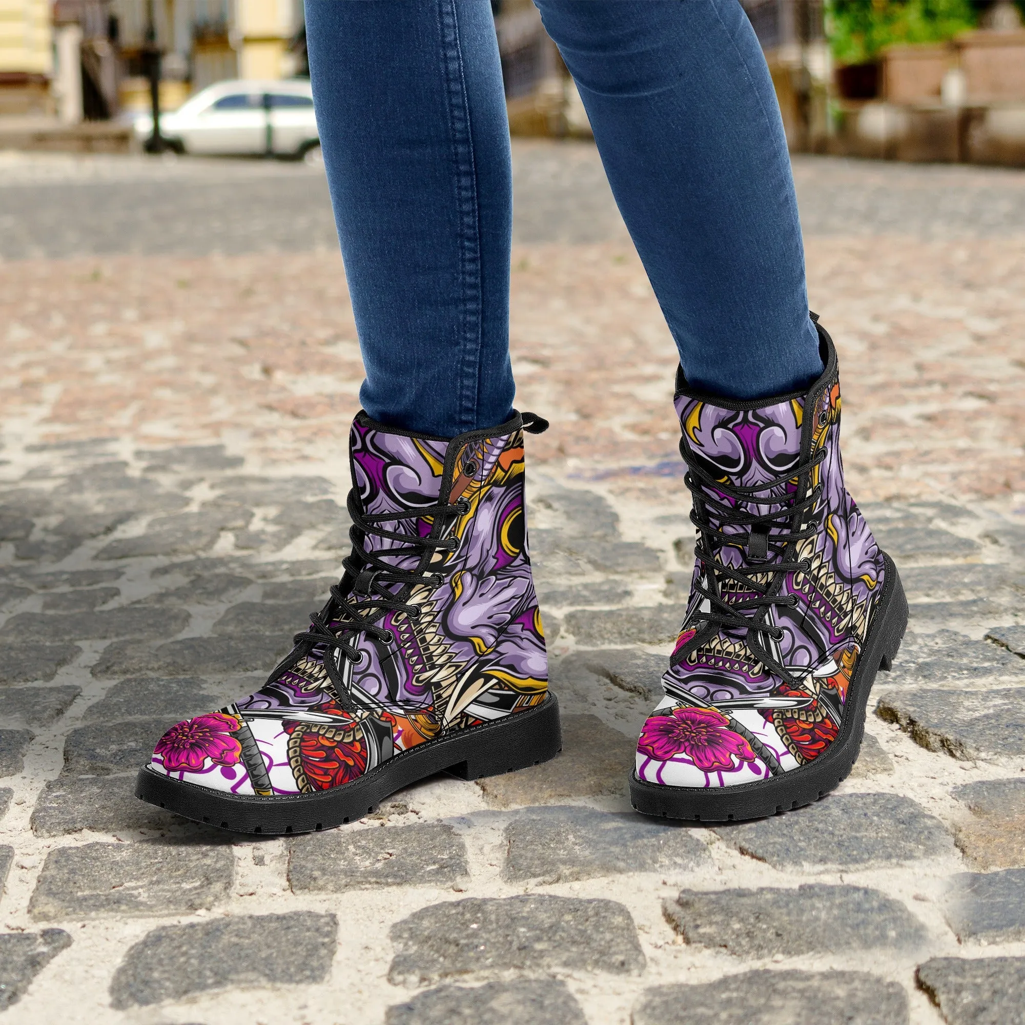 Women's Hannya Mask Graphic Leather Combat Boots