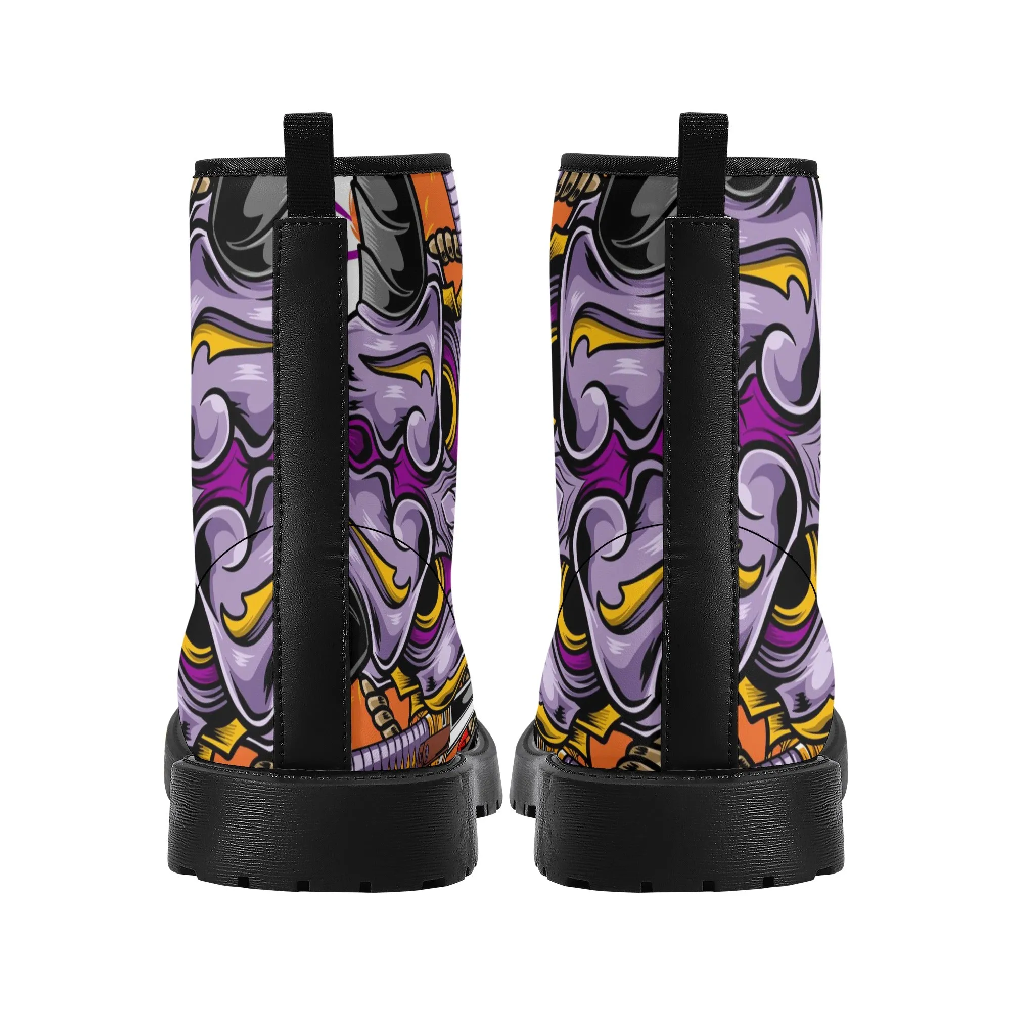 Women's Hannya Mask Graphic Leather Combat Boots